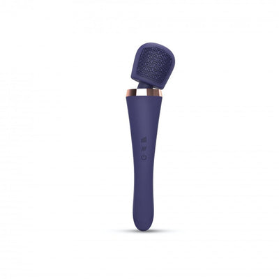 Midnight indigo wand stimulator with textured flat head and sleek ergonomic handle with control buttons.