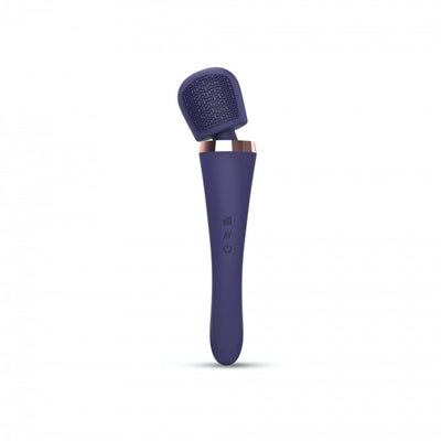 Midnight indigo wand stimulator with textured flat head and rose gold accent, sleek ergonomic design.