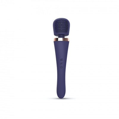 Midnight indigo wand stimulator with textured flat head and rose gold accent, sleek ergonomic design.