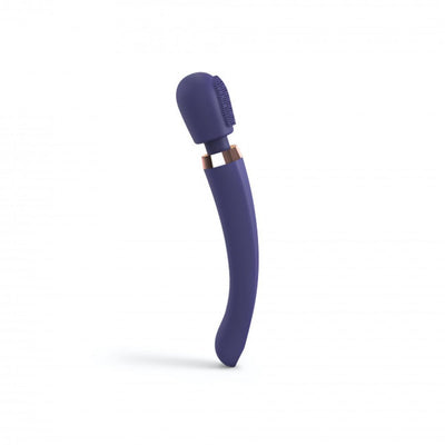 Midnight indigo curved wand stimulator with textured flat head and rose gold accent ring.