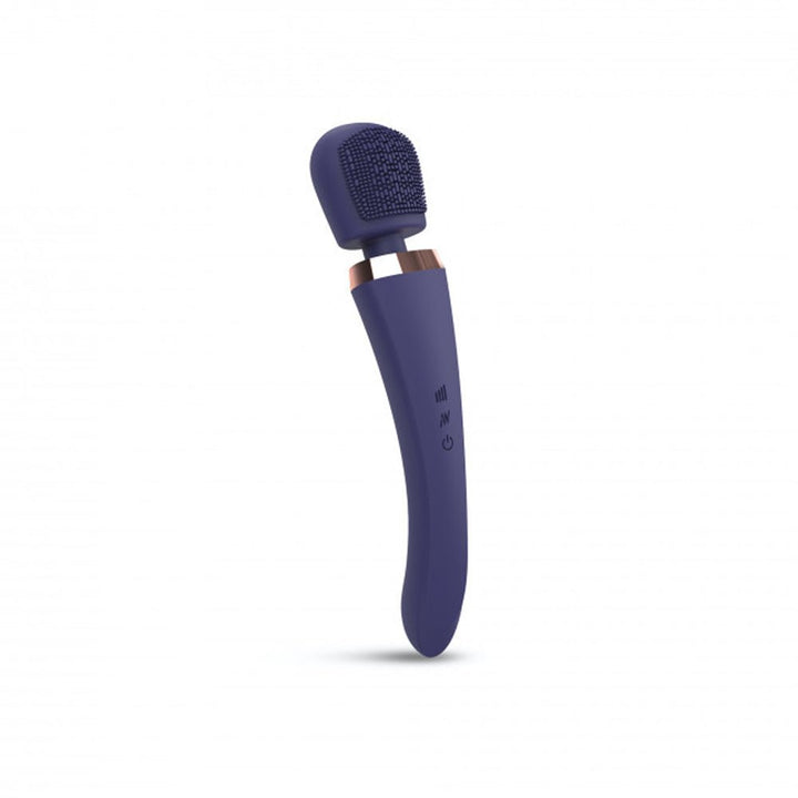 Midnight indigo wand stimulator with textured silicone head and curved handle, featuring control buttons and rose gold accent.