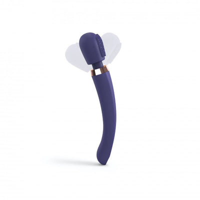 Midnight indigo curved wand stimulator with a textured flat head and rose gold accent, shown with motion effect.