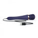 Midnight indigo wand stimulator with textured head and USB charging cable on white background.