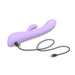 Lavender dual stimulator with ergonomic design and USB charging cable on white background.