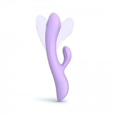 Lavender dual stimulator with ergonomic design and separate clitoral and internal arms, shown with motion effect on white background.