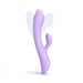 Lavender dual stimulator with ergonomic design and separate clitoral and internal arms, shown with motion effect on white background.
