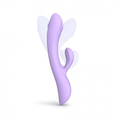 Lavender dual stimulator with ergonomic design and separate clitoral and vaginal arms, shown with motion effect wings.