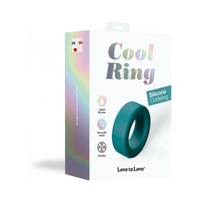 Packaging of Love To Love Cool Ring Noir silicone cockring with product features and teal ring image on front.