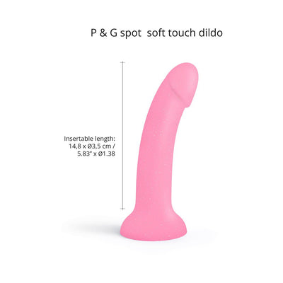 Pink curved soft-touch dildo with glow-in-the-dark glitter and suction cup base, 5.83 inches insertable length.