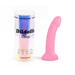 Pink glittery silicone dildo with suction cup beside iridescent cylindrical packaging labeled Dildolls Glitzy by Love to Love