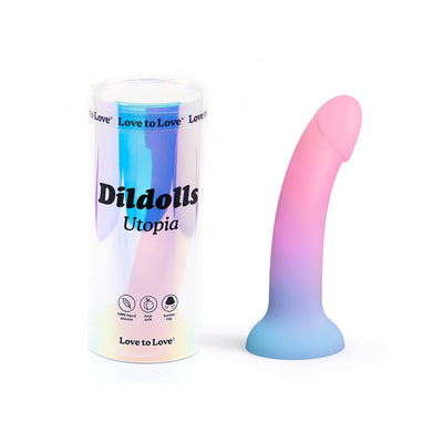 Love To Love Dildoll Utopia in pink and blue gradient with curved design and suction cup next to iridescent packaging tube