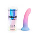 Love To Love Dildoll Utopia in pink and blue gradient with curved design and suction cup next to iridescent packaging tube