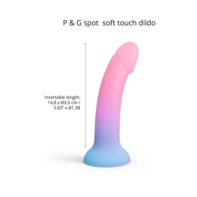 Gradient pink to blue curved silicone dildo with suction base, 5.83 inches insertable length, designed for P and G spot stimulation.