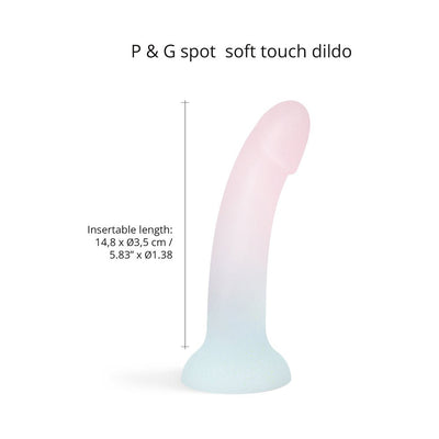 Curved pastel unicorn-colored dildo with glitter and suction base, designed for P and G spot stimulation.