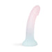 Curved dildo with pastel pink and blue gradient, glitter finish, and suction cup base for hands-free use.