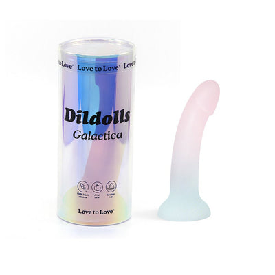 Love To Love Dildolls Galactica dildo in pastel unicorn colors with glitter next to its iridescent cylindrical packaging.