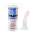Love To Love Dildolls Galactica dildo in pastel unicorn colors with glitter next to its iridescent cylindrical packaging.