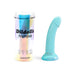 Curved pastel blue silicone dildo with gold star glitter and suction base beside iridescent cylindrical packaging.