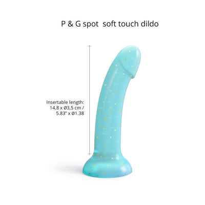 Curved pastel blue silicone dildo with gold star glitter and suction base, 14.8 cm insertable length, soft touch finish.