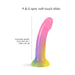 Rainbow gradient dildo with glitter, curved design and suction cup base, 5.83 inches insertable length.