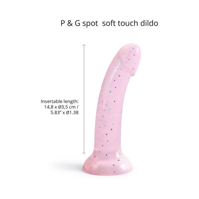 Pink curved dildo with multicolored star glitter and suction base, 14.8 cm insertable length, soft silicone texture.
