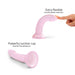 Pink translucent curved silicone toy with star glitter, shown flexible and featuring a strong suction base for hands-free use.