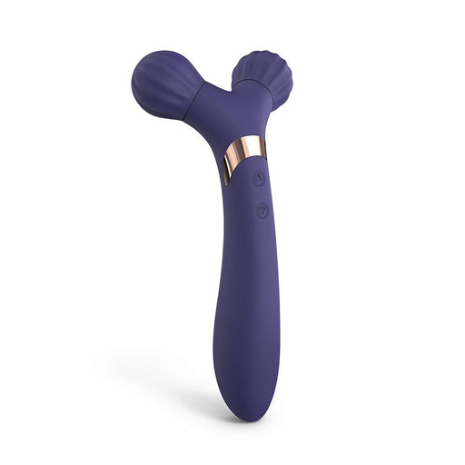 Purple dual-ended silicone body massager and vibrator with textured massage rollers and control buttons.