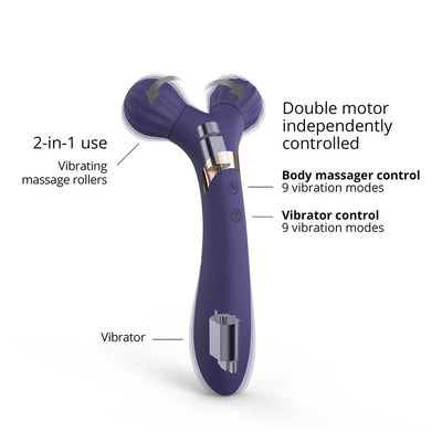 Purple dual-ended silicone body massager and vibrator with independent controls and vibrating massage rollers.