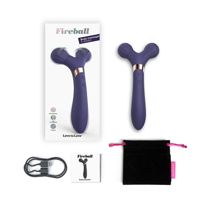 Purple dual-ended silicone body massager and vibrator with USB charger, black storage pouch, and instruction manual.