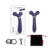 Purple dual-ended silicone body massager and vibrator with USB charger, black storage pouch, and instruction manual.