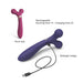 Dual-ended rechargeable silicone body massagers in plum and indigo colors with USB charging cable shown.