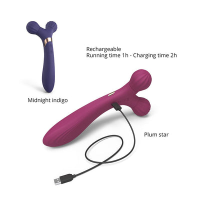 Dual-ended rechargeable silicone body massagers in midnight indigo and plum star colors with USB charging cable.