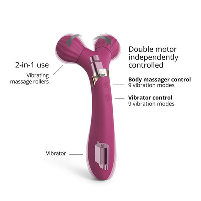 Dual-ended purple silicone body massager and vibrator with independent double motor controls and vibrating massage rollers.