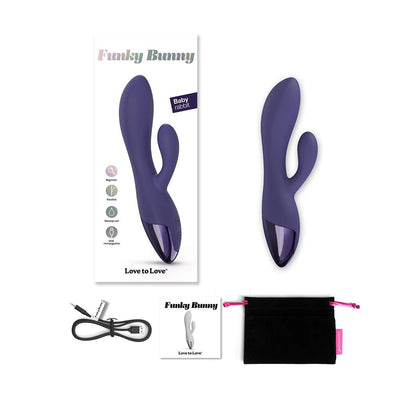 Purple Love To Love Funky Bunny Baby Rabbit vibrator with packaging, USB charging cable, user manual, and black storage pouch