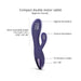 Purple compact dual motor rabbit vibrator with labeled parts for vaginal and clitoral stimulation, 10 vibration modes, and on/off buttons.
