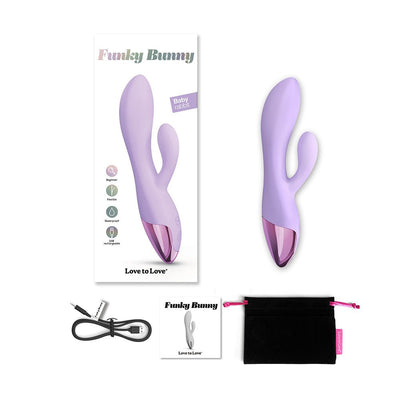 Lavender Love To Love Funky Bunny Baby Rabbit vibrator with packaging, USB charging cable, user manual, and black storage pouch.