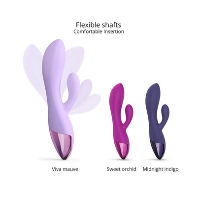 Three Love To Love Funky Bunny Baby Rabbit Vibrators in mauve, orchid, and indigo with flexible shafts for comfortable insertion.