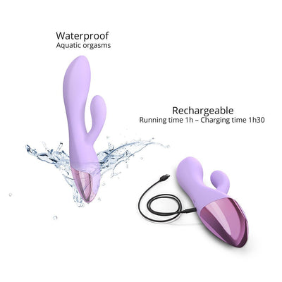 Lavender Love To Love Funky Bunny Baby Rabbit vibrator shown with water splash and USB charging cable.