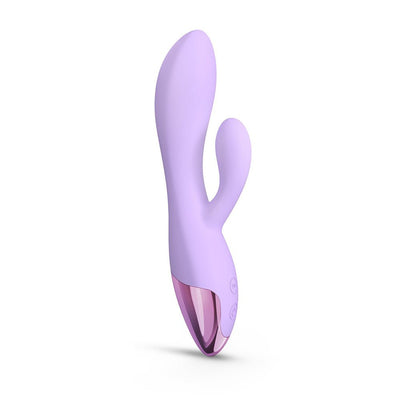 Compact lavender dual-motor baby rabbit vibrator with ergonomic design and rose gold accent base.
