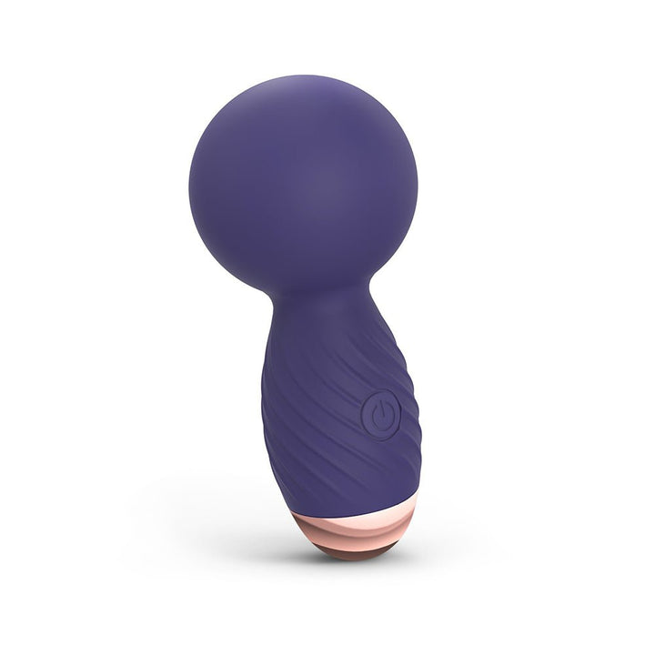 Compact purple silicone mini wand vibrator with textured handle and rose gold accent base on white background.