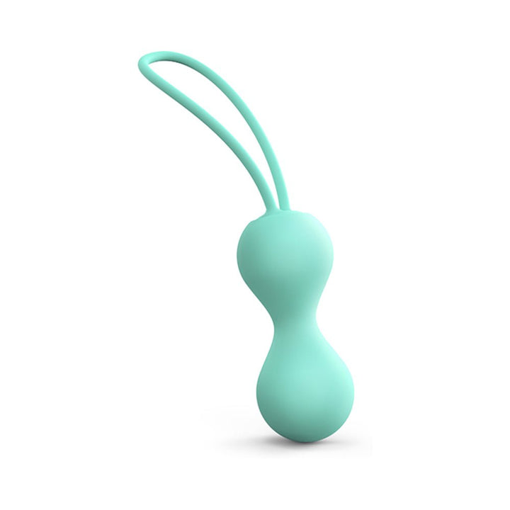Mint green silicone Kegel balls with dual retrieval loops for pelvic floor exercises and comfort.