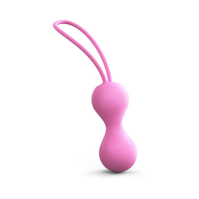 Pink silicone Kegel balls with ergonomic shape and dual retrieval loops for comfortable pelvic floor training.