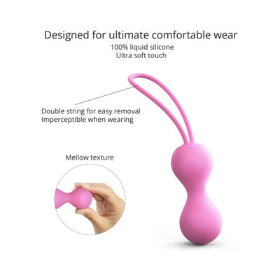 Pink silicone Kegel balls with double string for easy removal, designed for comfortable wear and soft, mellow texture.