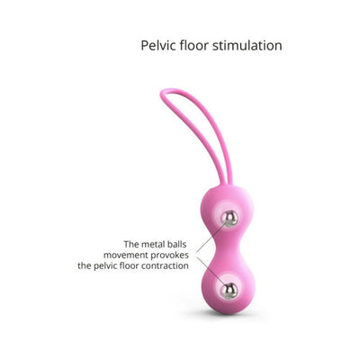 Pink silicone Kegel balls with metal weights designed for pelvic floor stimulation and contraction.
