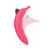 Pink silicone vibrator with curved design and black control button, shown in motion effect on white background.