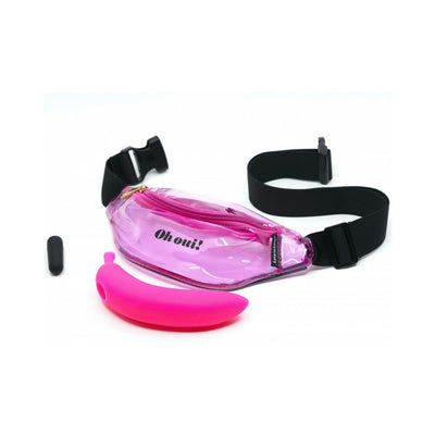 Pink silicone vibrator with black bullet, displayed next to a transparent pink waist pouch with black adjustable strap.
