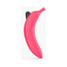 Pink silicone vibrator shaped like a banana with a black control button on top.