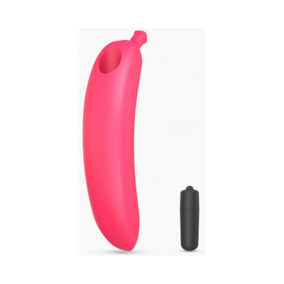 Pink silicone vibrator with ergonomic curved design and removable black bullet motor on white background