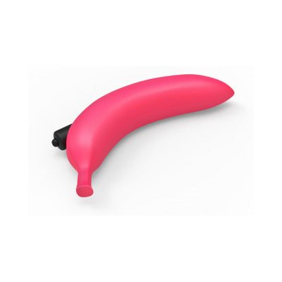 Pink silicone vibrator with a curved shape and smooth texture, featuring a black control button at the base.