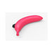 Pink silicone vibrator shaped like a curved banana with a black control button at the base.